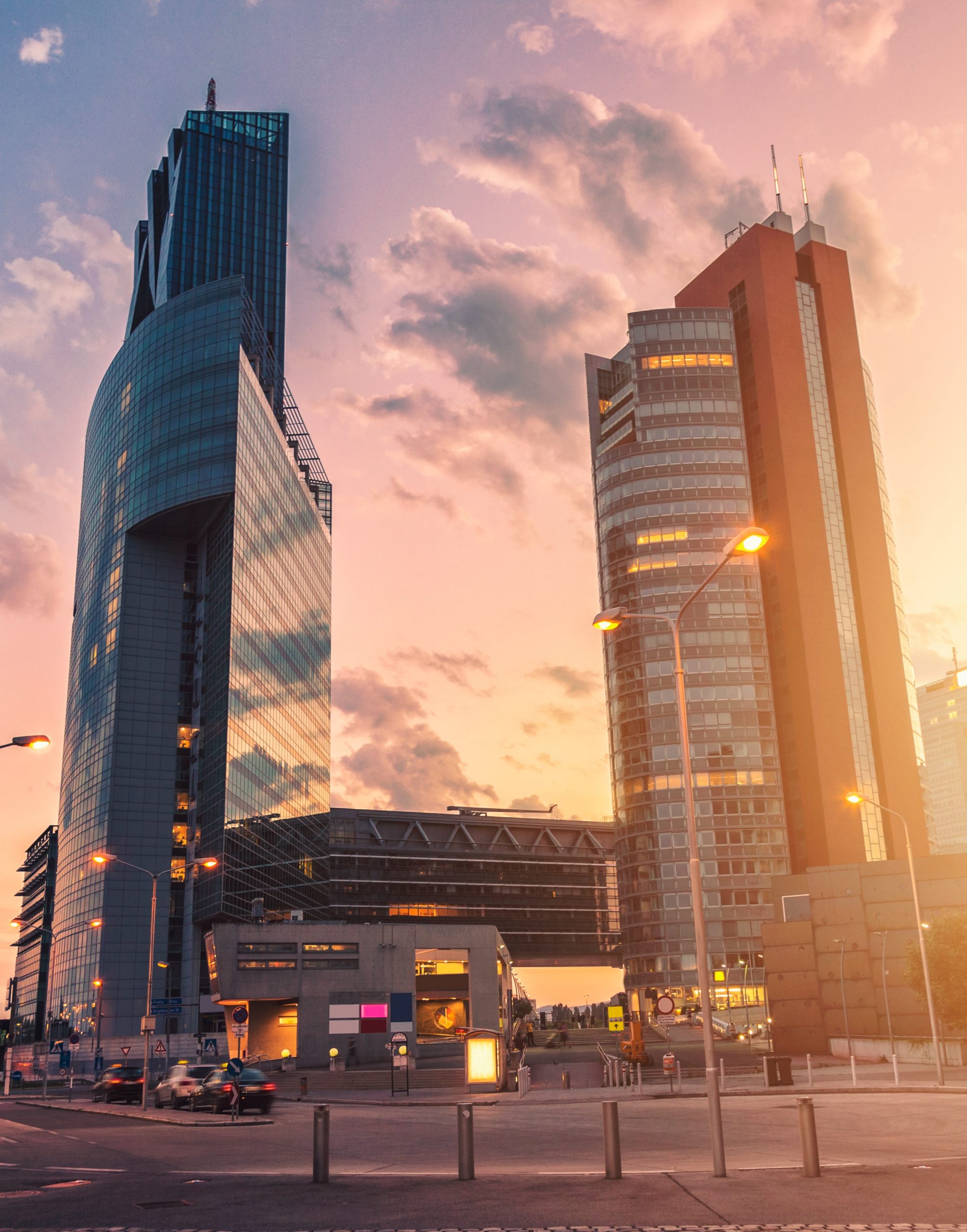 Skyscrapers and modern architecture in Vienna Austria at night